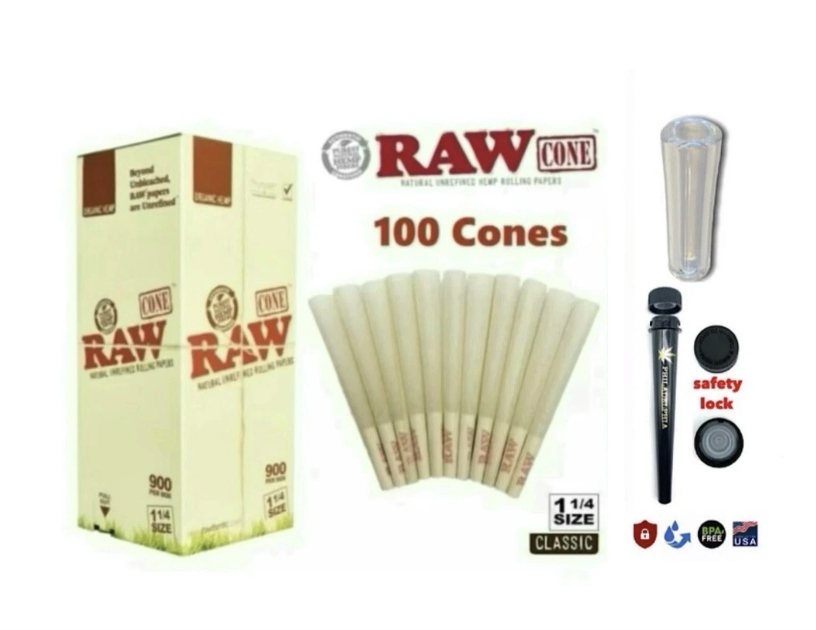 RAW ORGANIC 1 1/4 size pre rolled cone AUTHENTIC+glass filter tip+premium tube