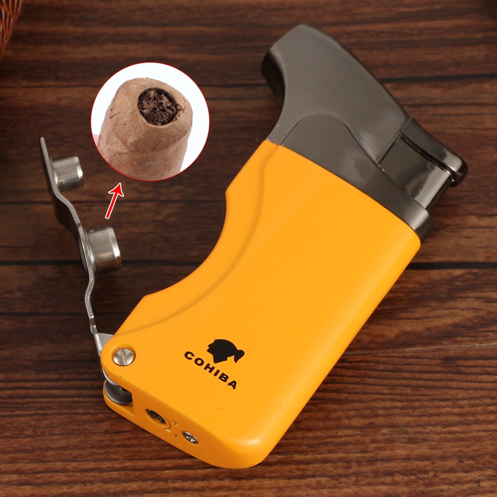 Pocket Yellow Windproof Metal 1 Jet Flame Cigar Cigarette Lighter W/Cigar Punch