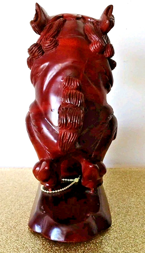 Vtg Chinese 8″ NOS Foo Dog Hidden Ashtray Hand Carved Wood Reddish Brown HTF Dog