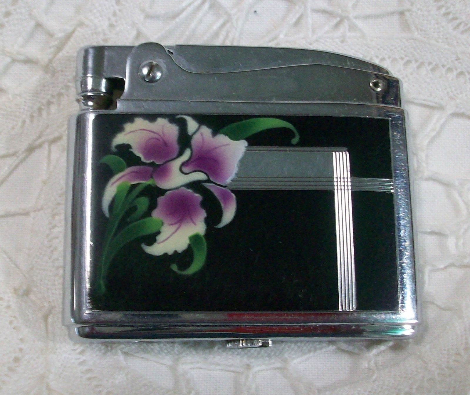 Vintage 50s Ronson Adonis Purple Orchid Flower Lighter in Bag
