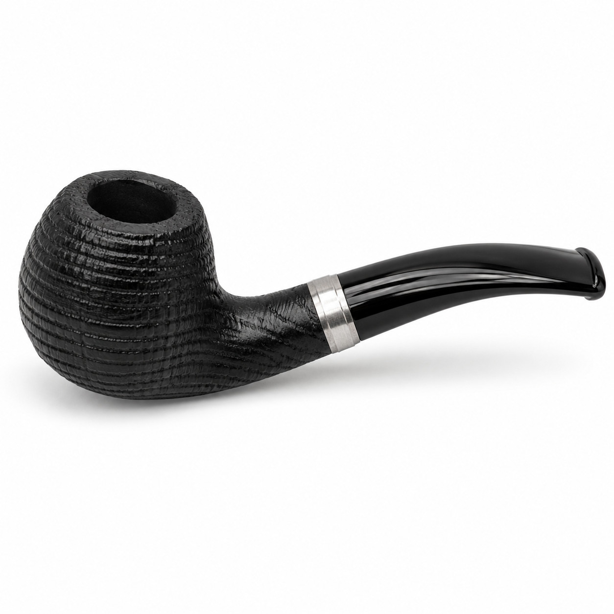 Classic Bent Wood Tobacco Pipe 9mm Filter Black Textured Grain Curved Stem with