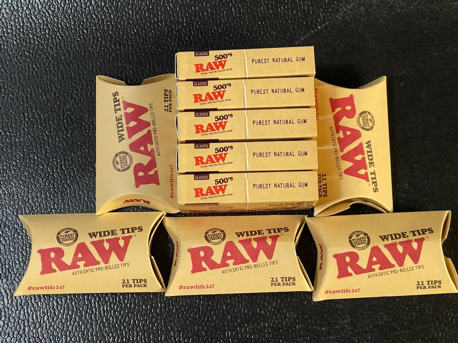 Lot Of 5 Packs Raw 500’s Classic Natural Unrefined Rolling Paper + Wide Tips Set