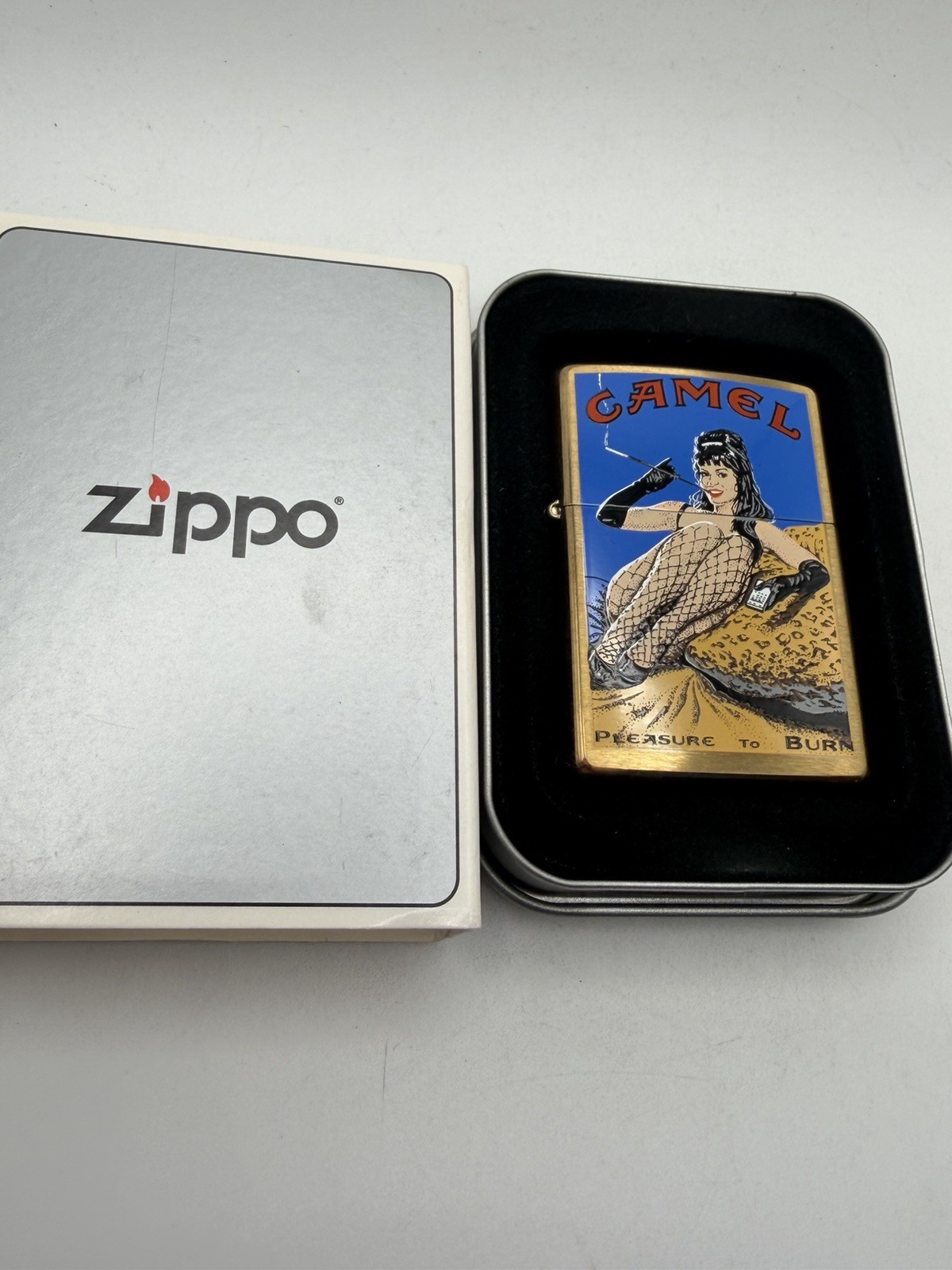 Vintage 2000 Camel Pleasure To Burn Fishnet Pinup Brass Zippo Lighter New B27