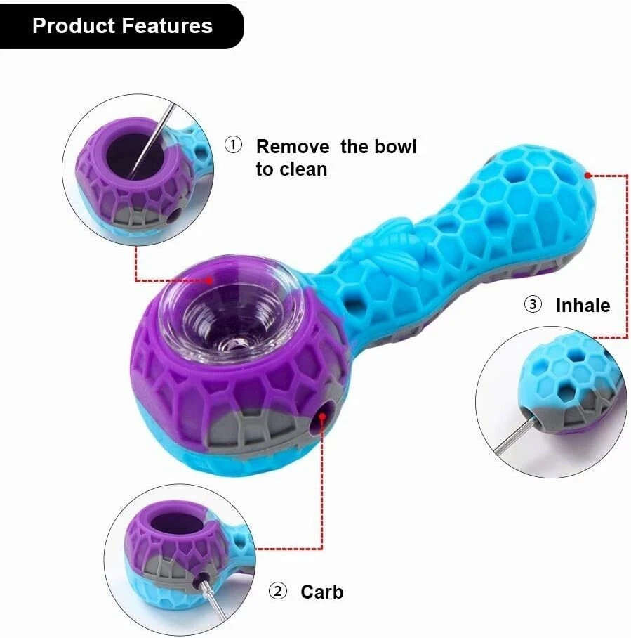 2pc Silicone Smoking Pipe 4.3″ Honeycomb Bee Tobacco Hand Pipes Glass Bowl Tool