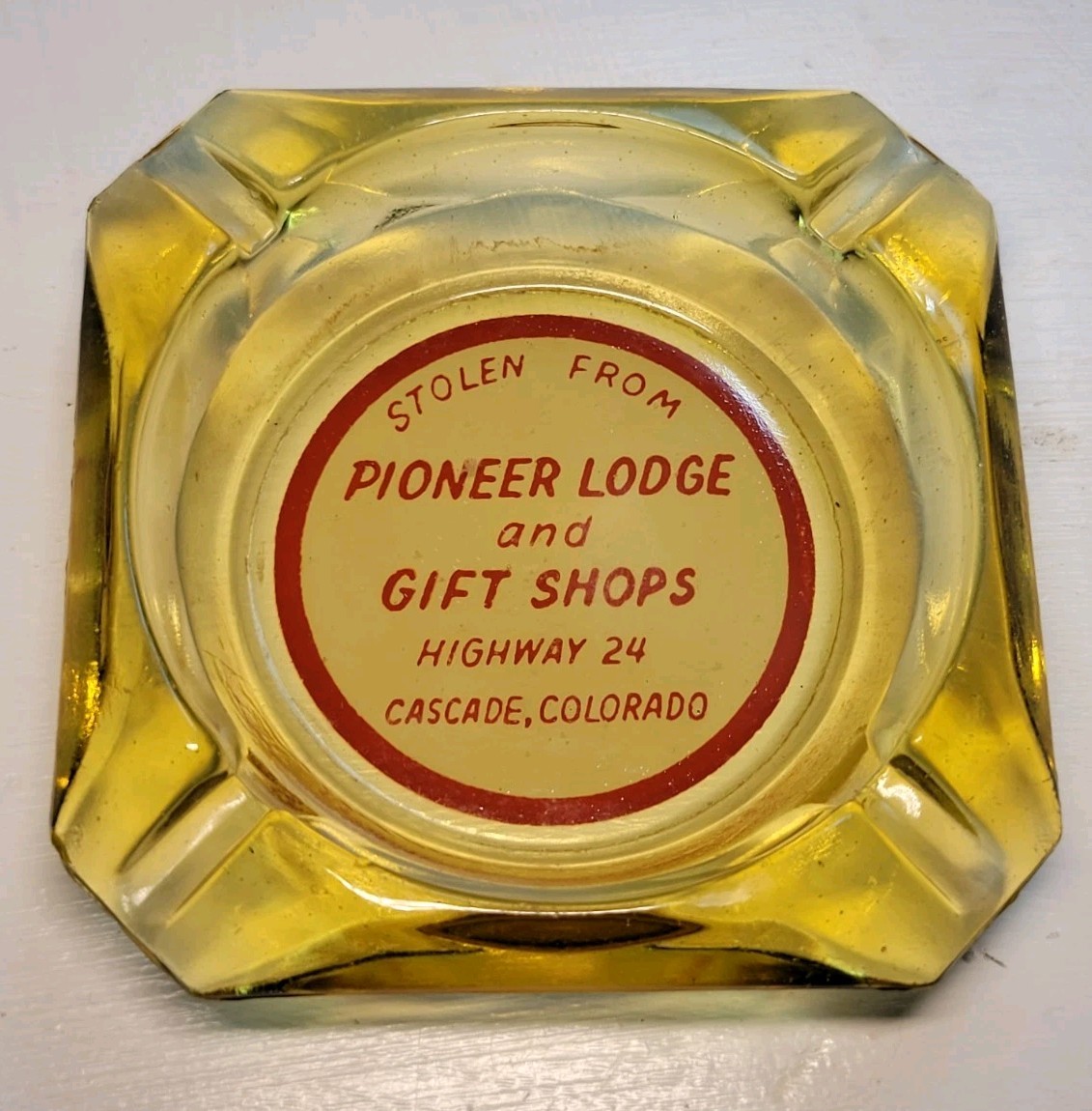 VTG Marketing Glass Ashtray Pioneer Lodge and Gift Shops Hwy 24 Cascade CO