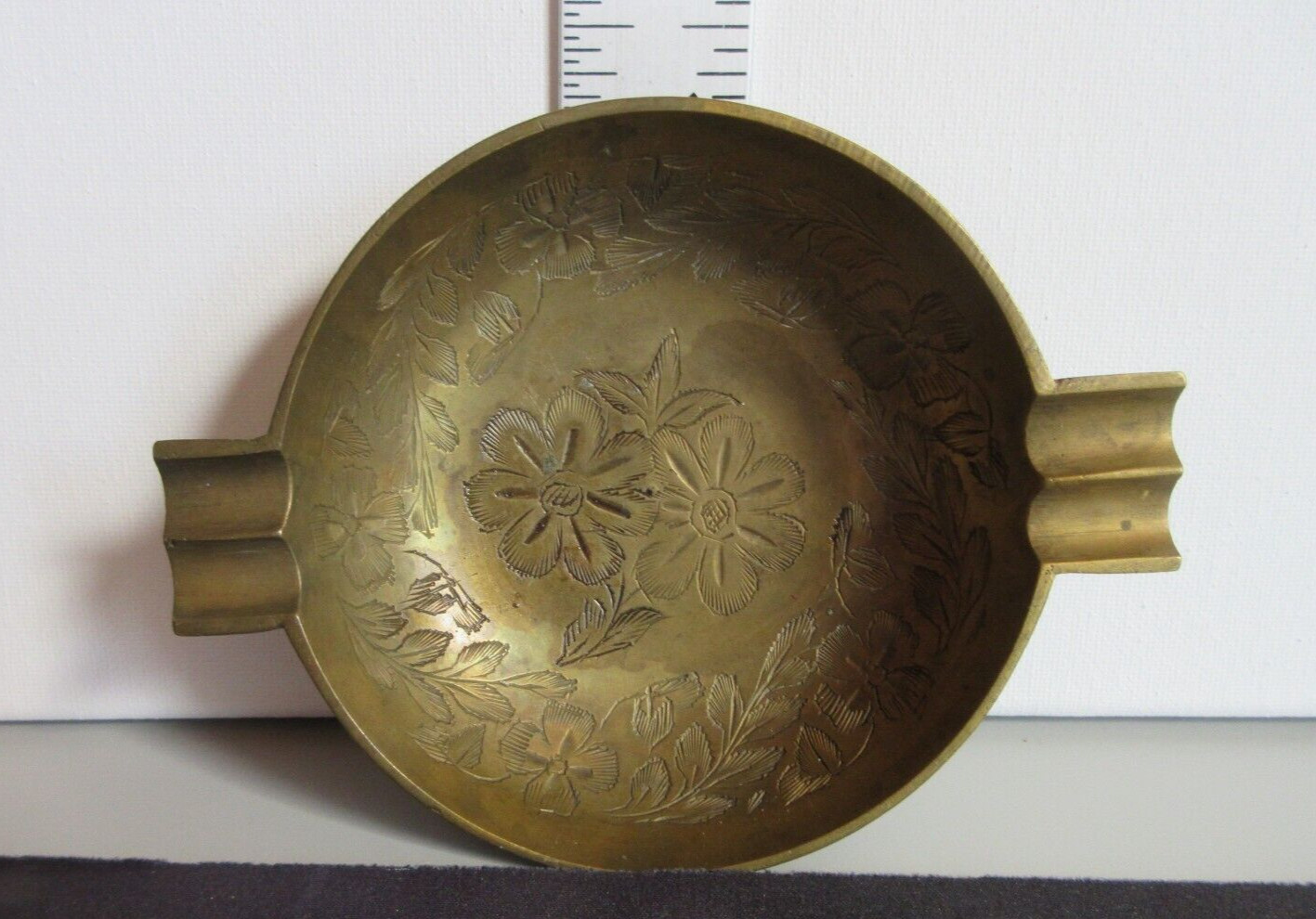 Vintage Made In India Brass Floral Etched Ashtray 5″ widest