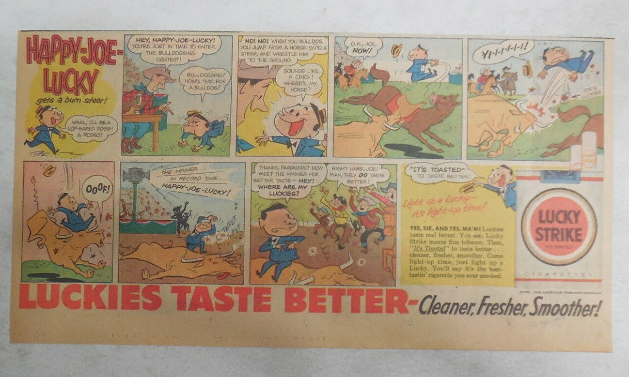 Lucky Strike Ad: Happy-Joe-Lucky Cartoon Ad ! 1955 Size: 7.5 x 15 inches Rodeo !