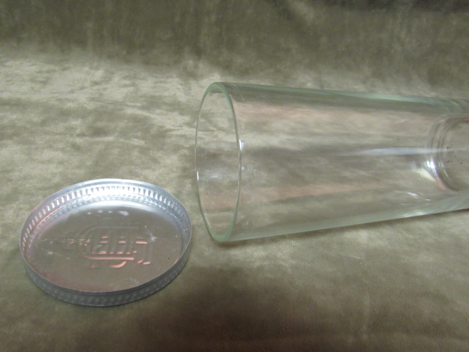 Vintage 1940s US Tobacco Co Tall Clear Glass Snuff Jar w/Aluminum Lid