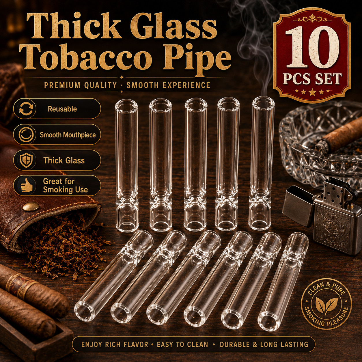 10 Pack Thick Glass Tobacco Pipe One Hitter Reusable Smoking Tube Accessory Set