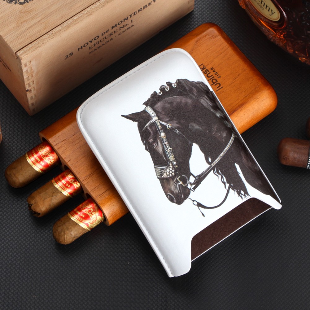 Lubinski Portable Cedar Wood Leather Cigar Case Fit 3ct Holder Travel Cigar Tube