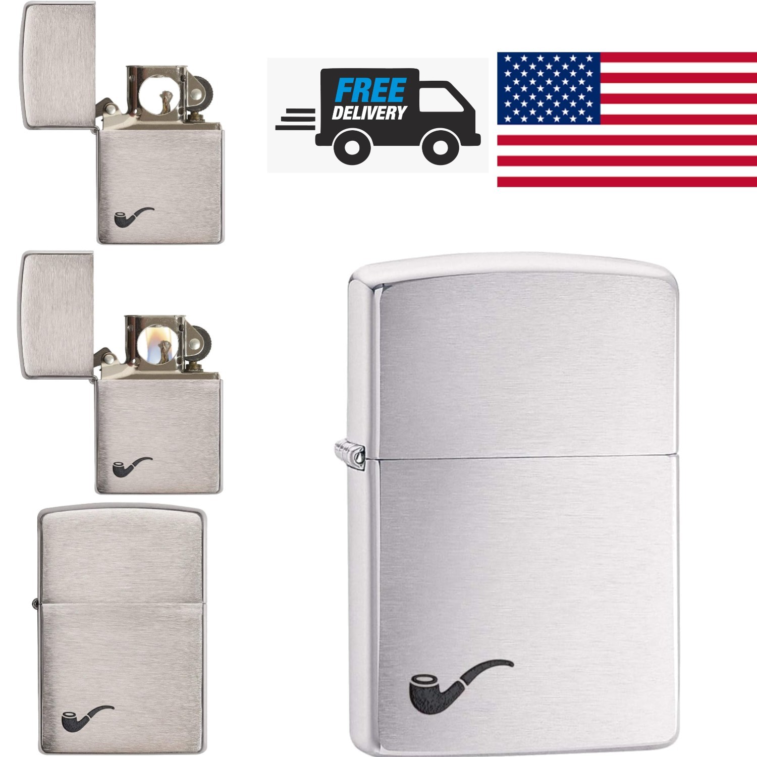 Unisex Adult Pipe Lighter Brushed Chrome Black Refillable Windproof Design