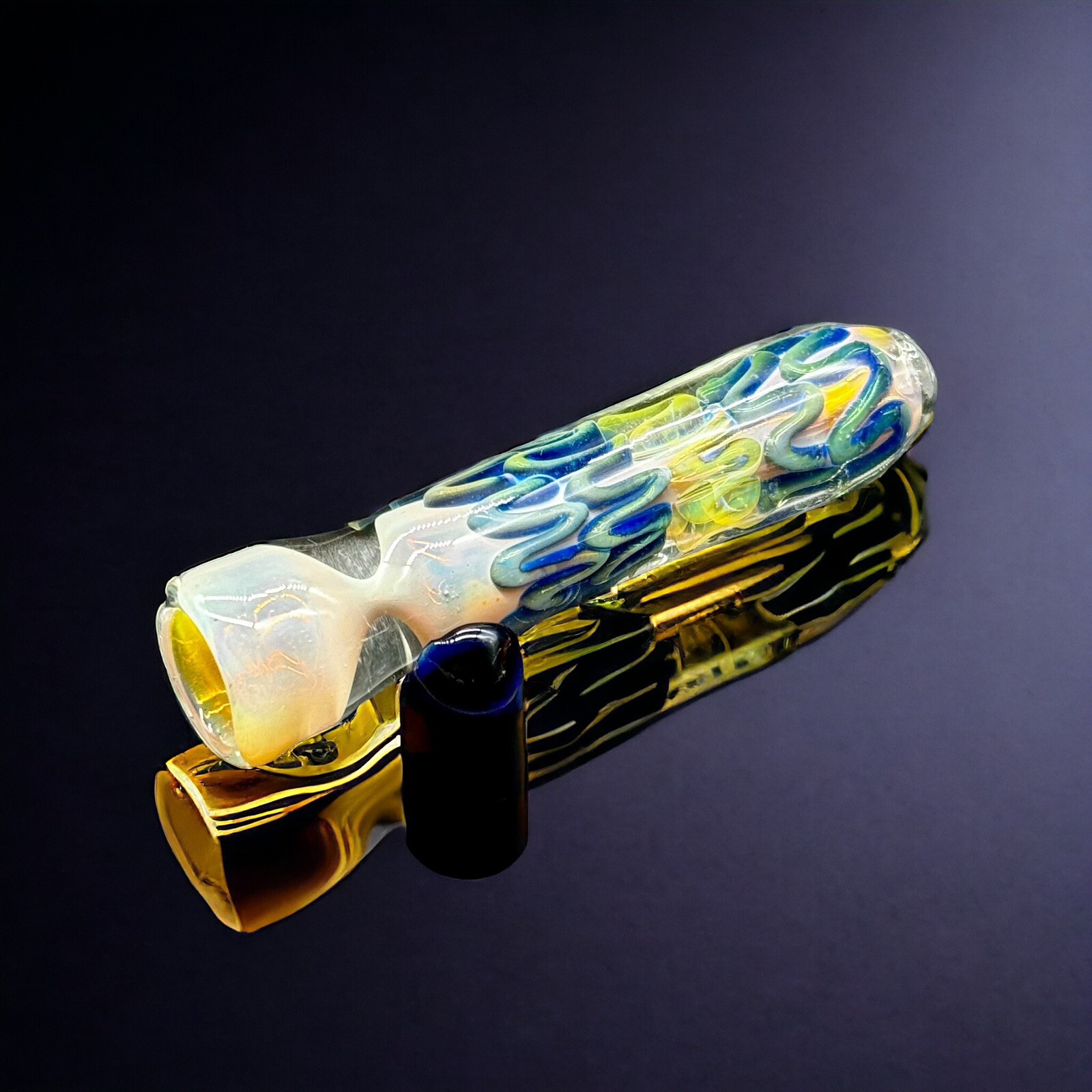 Golden Fumed Chillum Glass Pipes, Blue With Gold Chillums