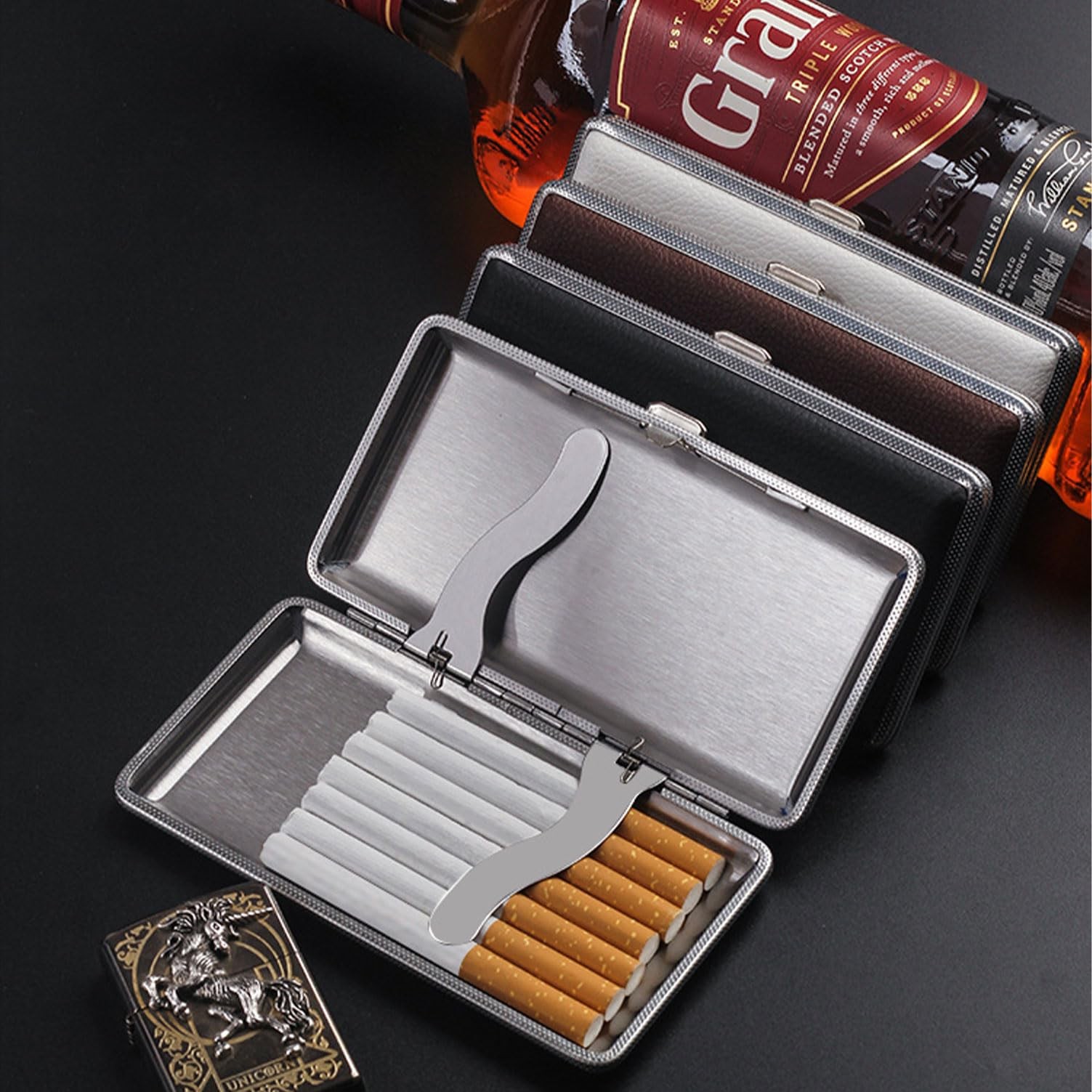 Leather Cigarette Case 14 King Size 120mm Black Metal Box Gift