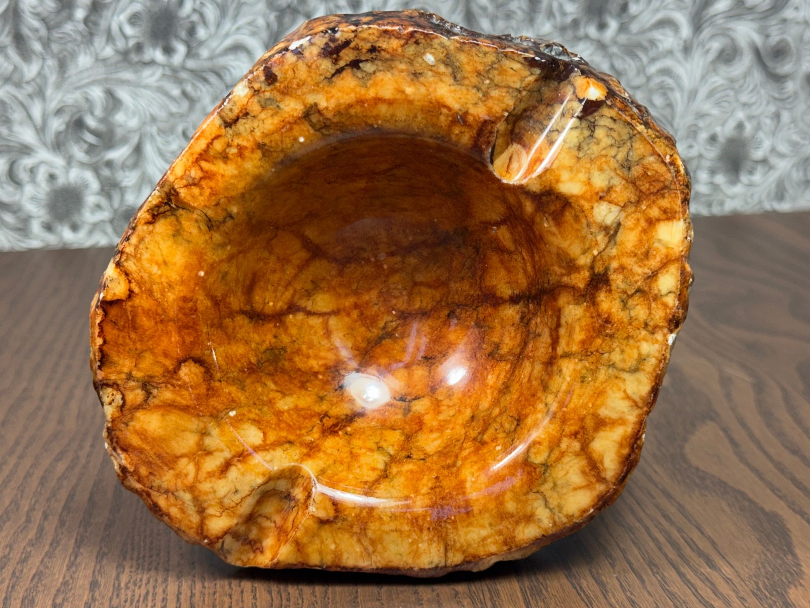 Rare MCM Romano Bianchi Ochre Red Alabaster Ashtray Carved Stone Mid Century