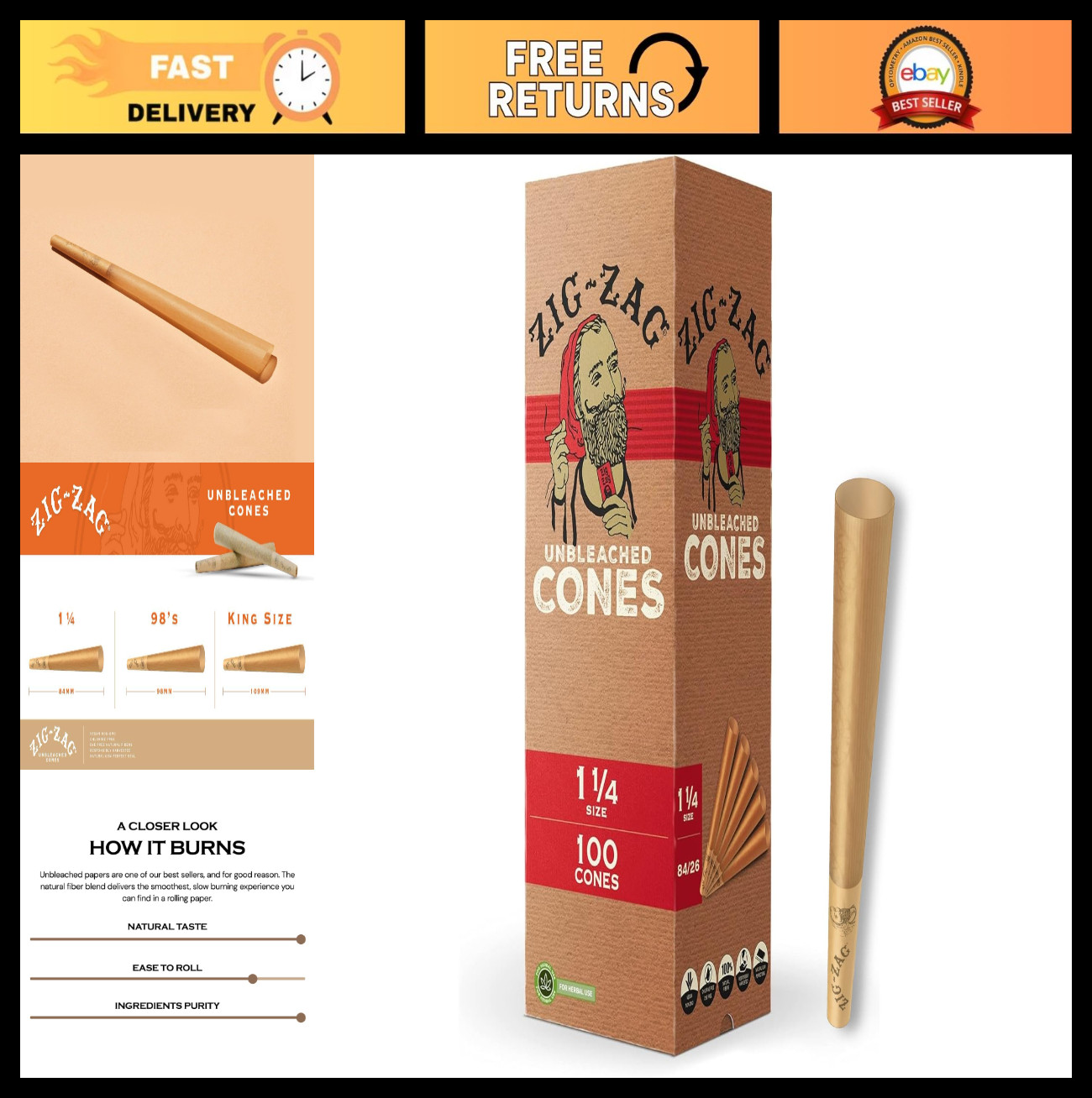 Pre Rolled Cones 1 1/4 Size – 100 Pack Unbleached, Slow Burning with Tips & Tube