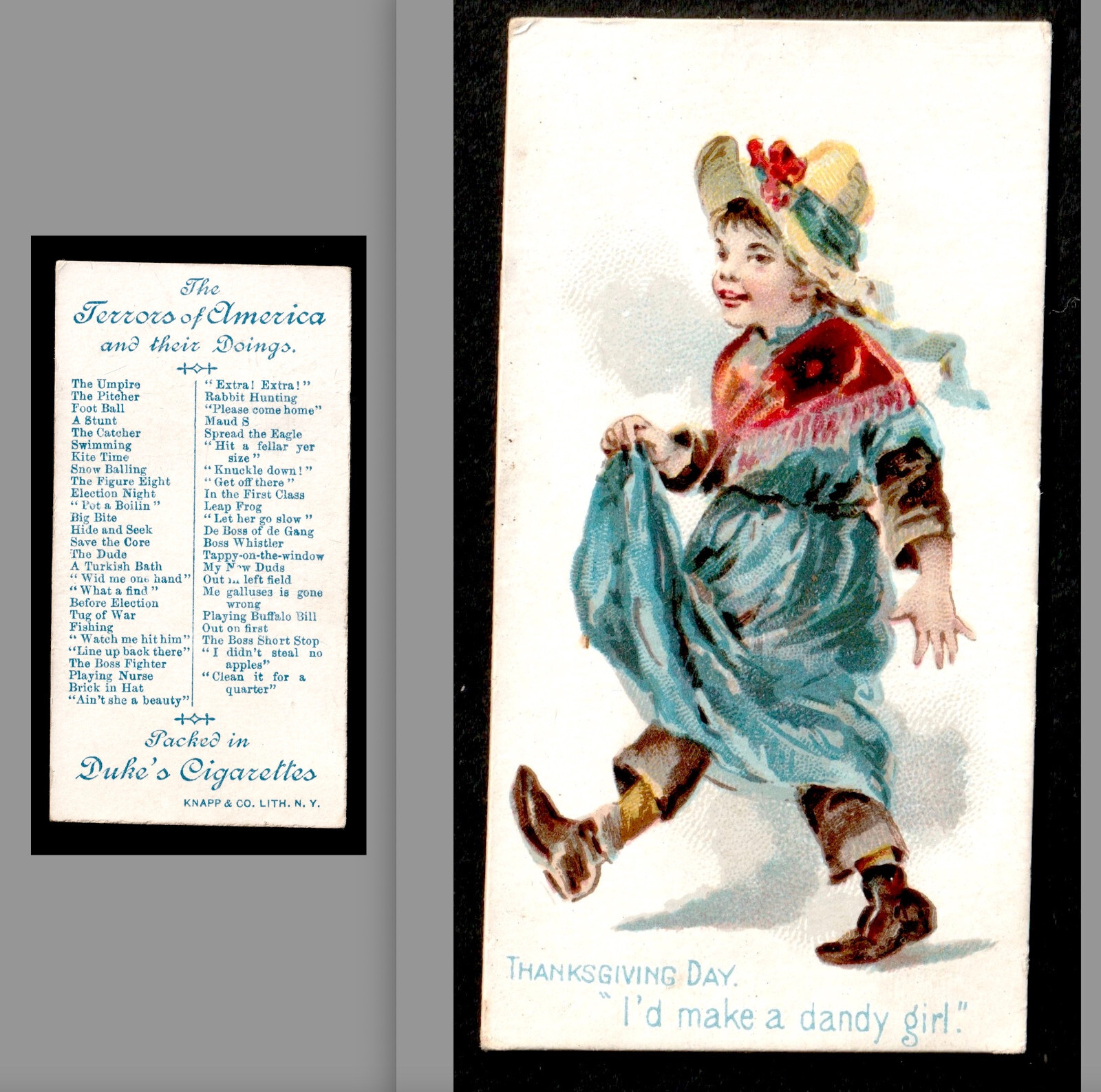“Dandy Girl” Boy in Dress N88 Terrors of America Duke Tobacco Card 1880s SR.ta.G