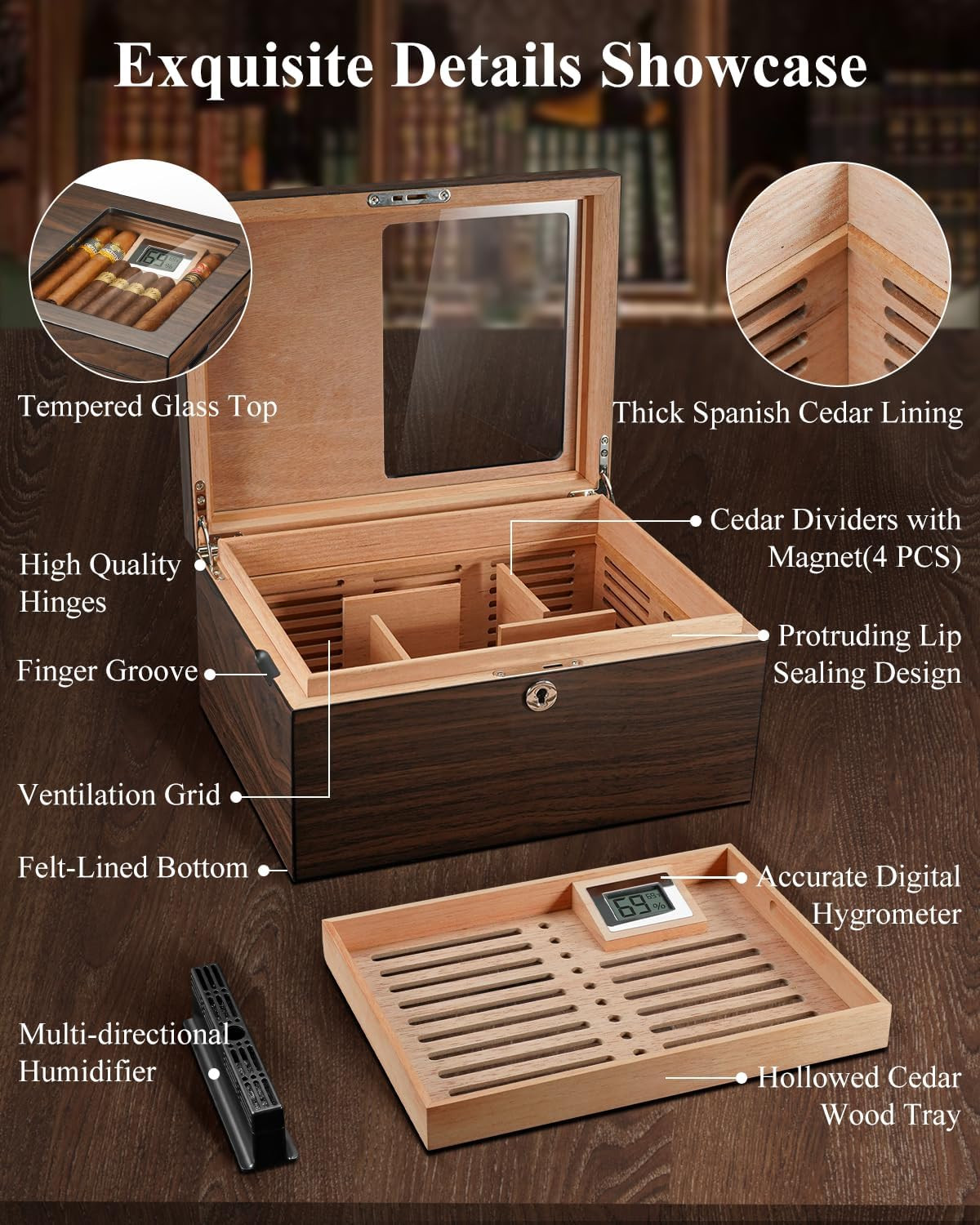 Cigar Humidor Box with Ventilation Grid – Holds up to 120 Cigars, Spanish Cedar