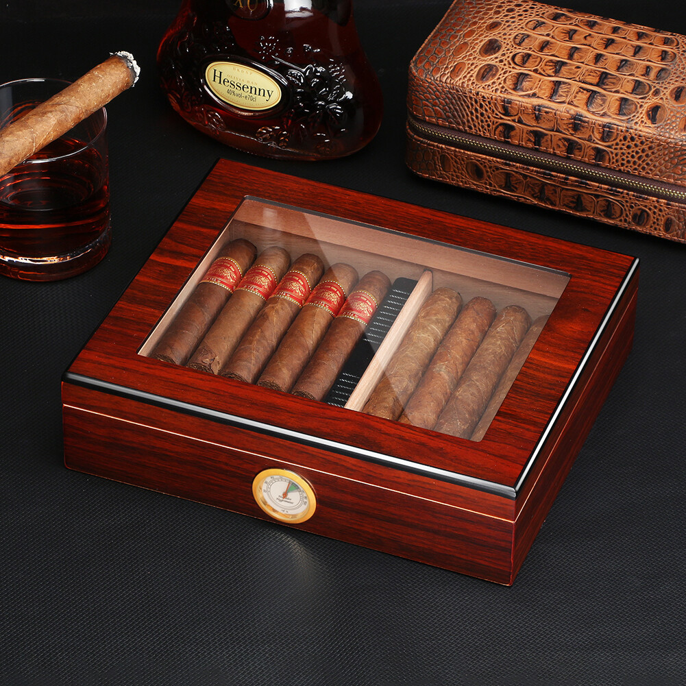 20ct Cigar Humidor Storage Box Desktop Glasstop Humidifier Hygrometer Wooden