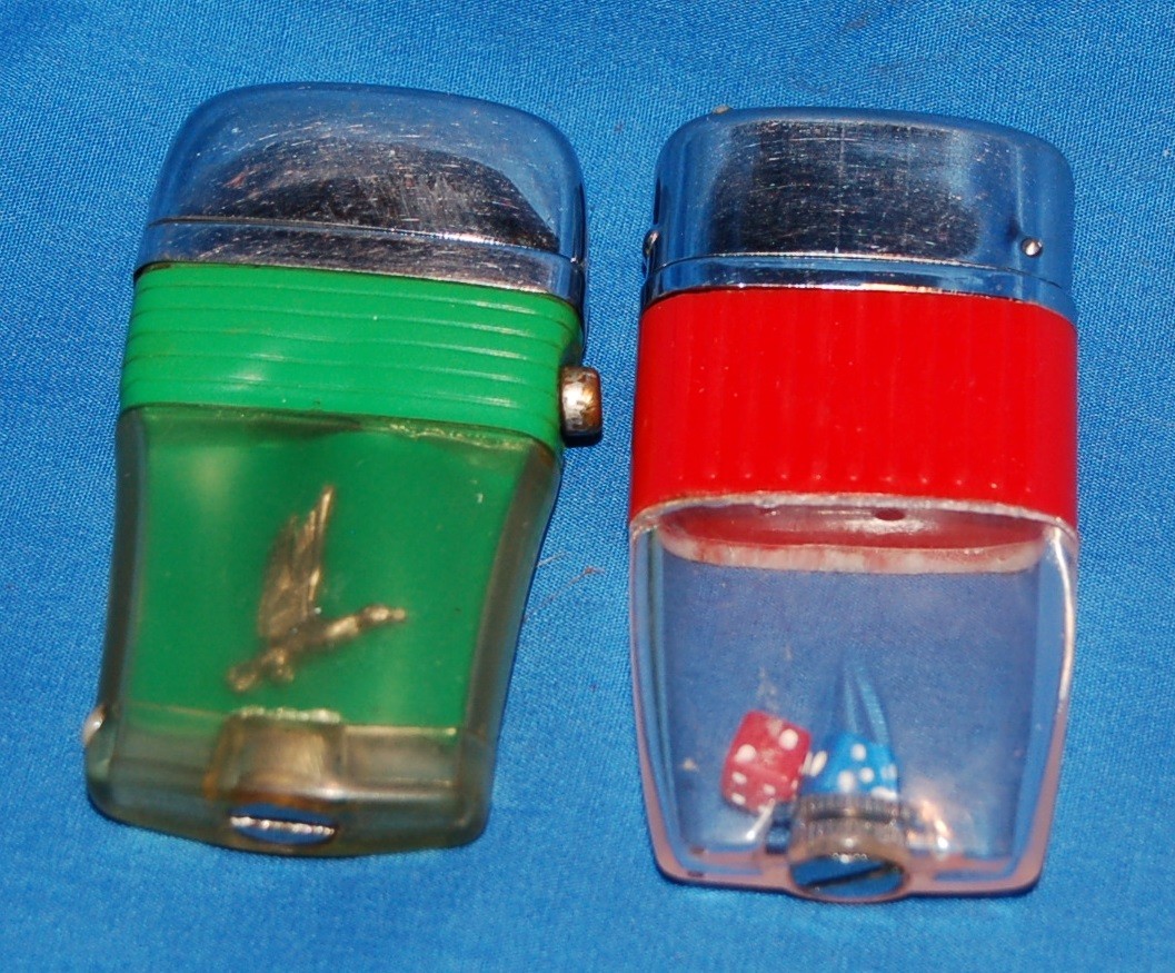 Vtg Japanese Tank Dice Lighter Flip Top Red & Fly Duck Flip Top Green