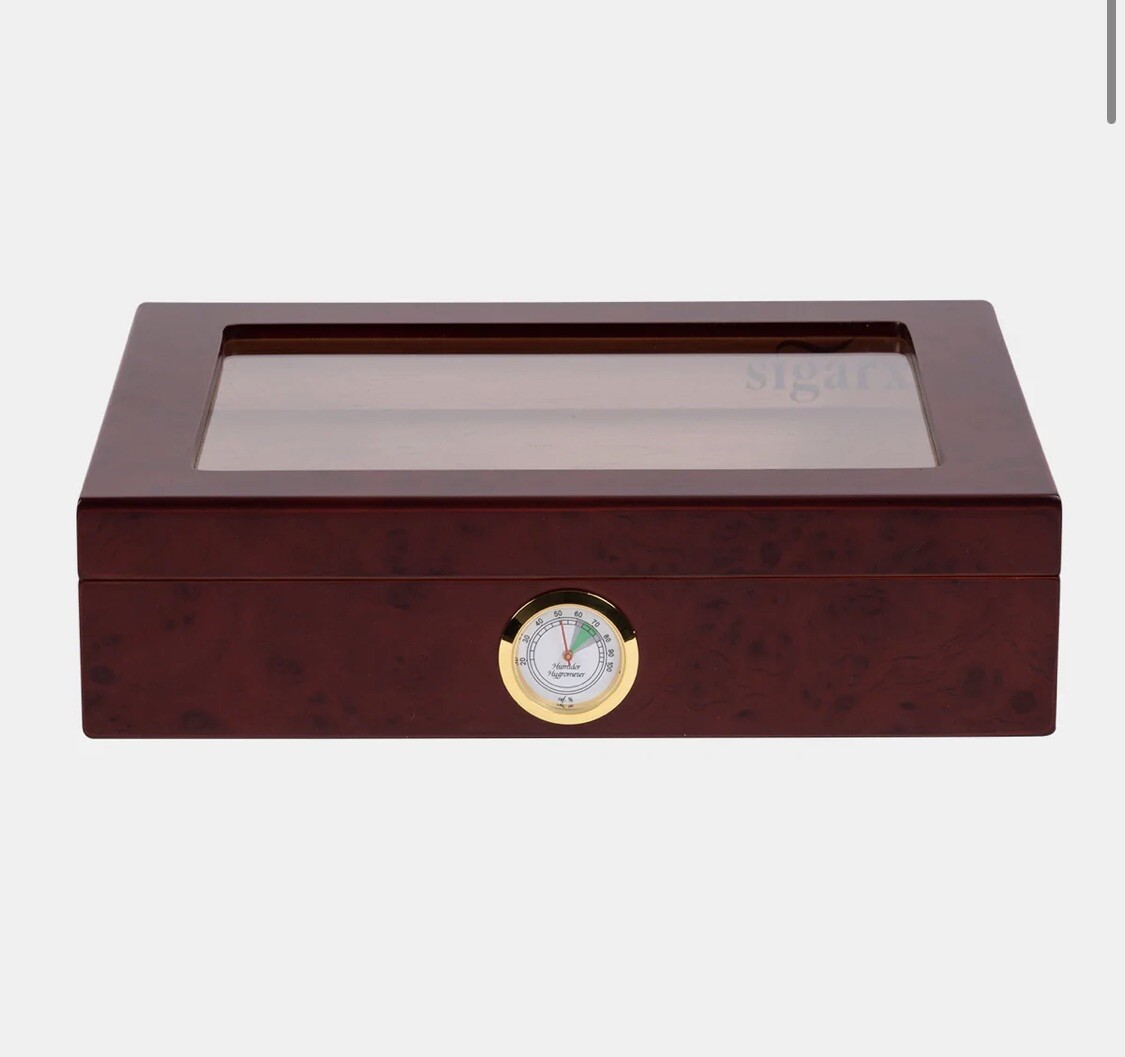 Premium Cigar Humidor with Glass Top & Cedar Wood Interior, Tempered Lid NEW