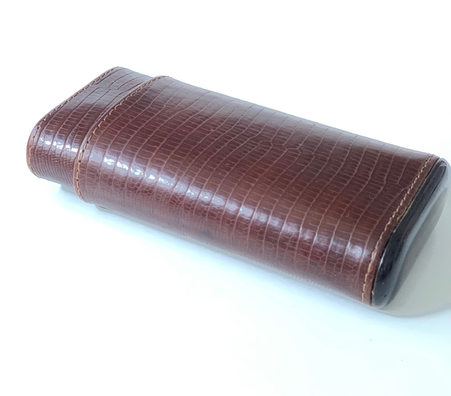 Vintage Atoll Brown Leather Cigar Case Holder Wood Lined Box Retro 3 Cigars