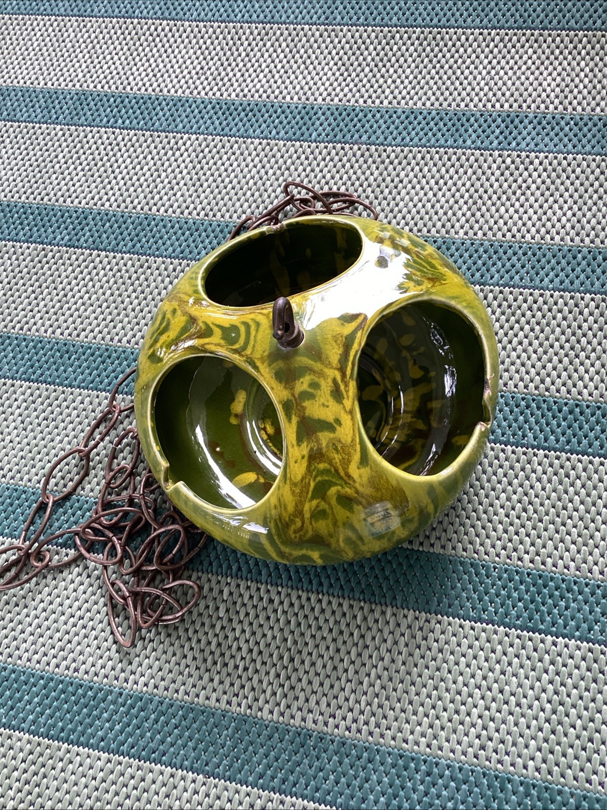 Vintage MCM Ceramic Hanging Ashtray Green Yellow Drip Glaze w/ Original Chain