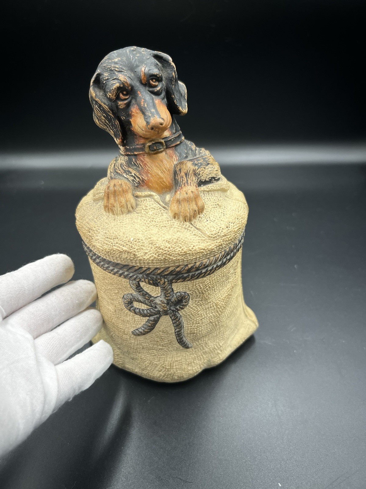 Antique Johann Maresch Dachshund Tobacco Jar Humidor Dog on Burlap Sack Austrian