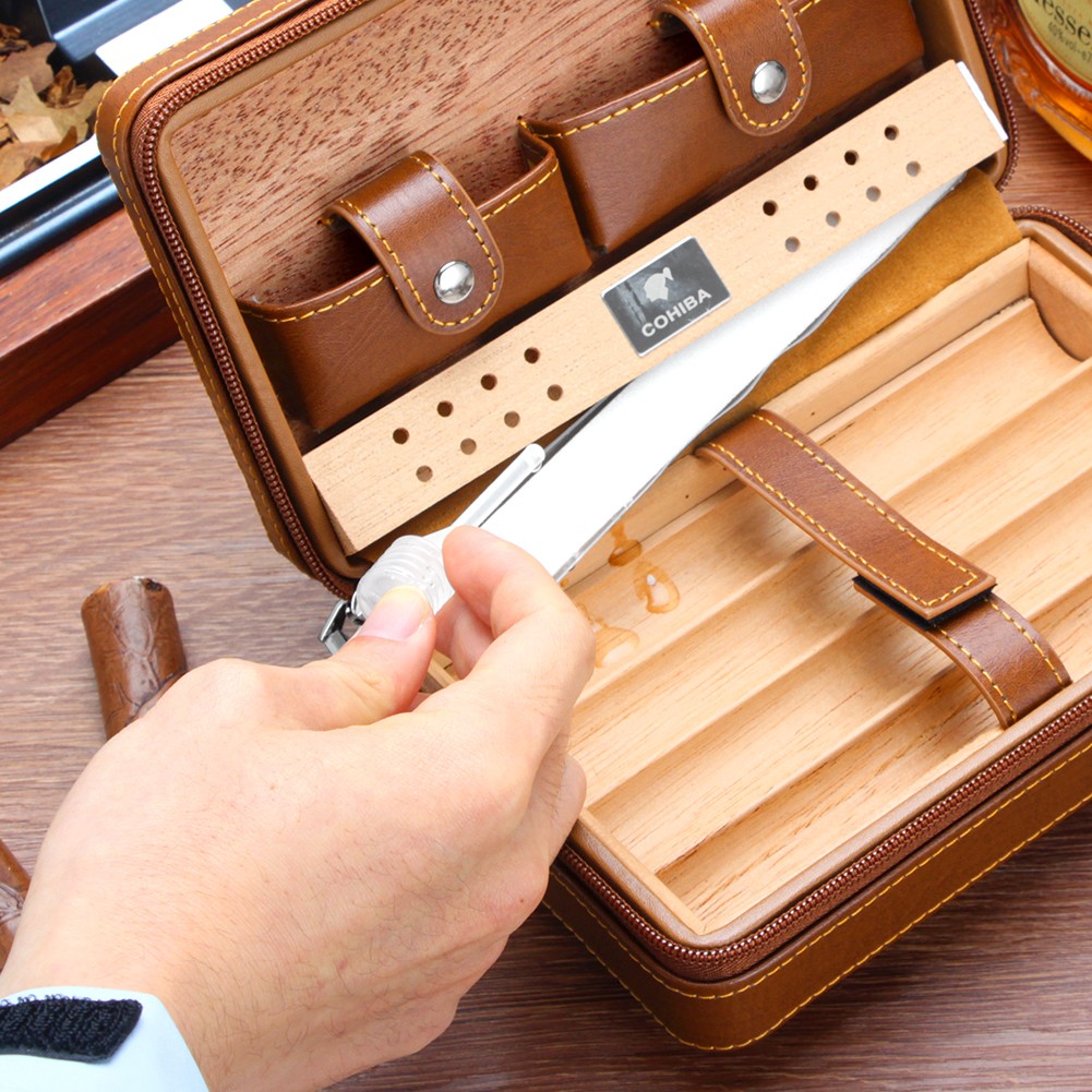 Portable Cigar Humidor Brown Vintage Leather Cedar Wood Case 4 Cigars Ashtray