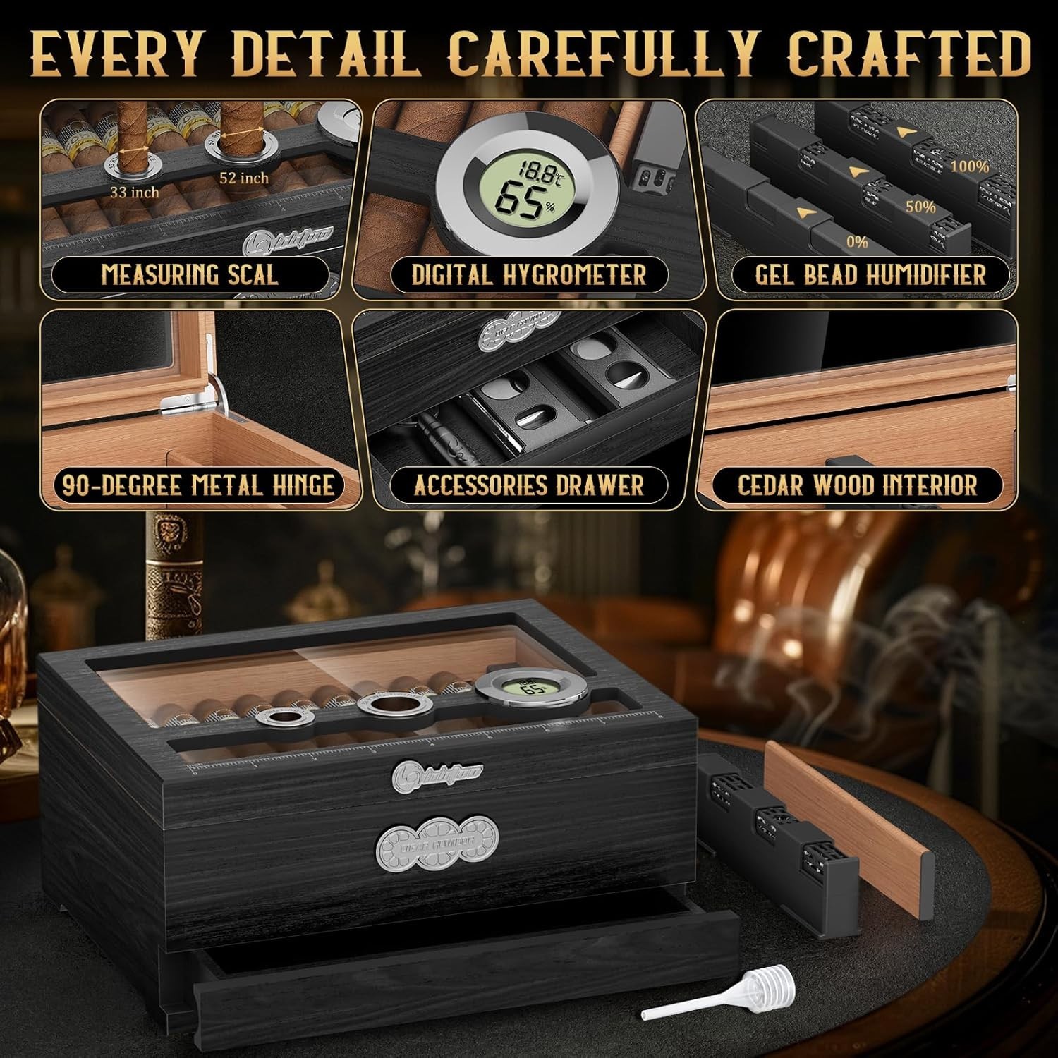 Cedar Wood Cigar Humidor Glass Top Desktop Box Digital Hygrometer Humidifier