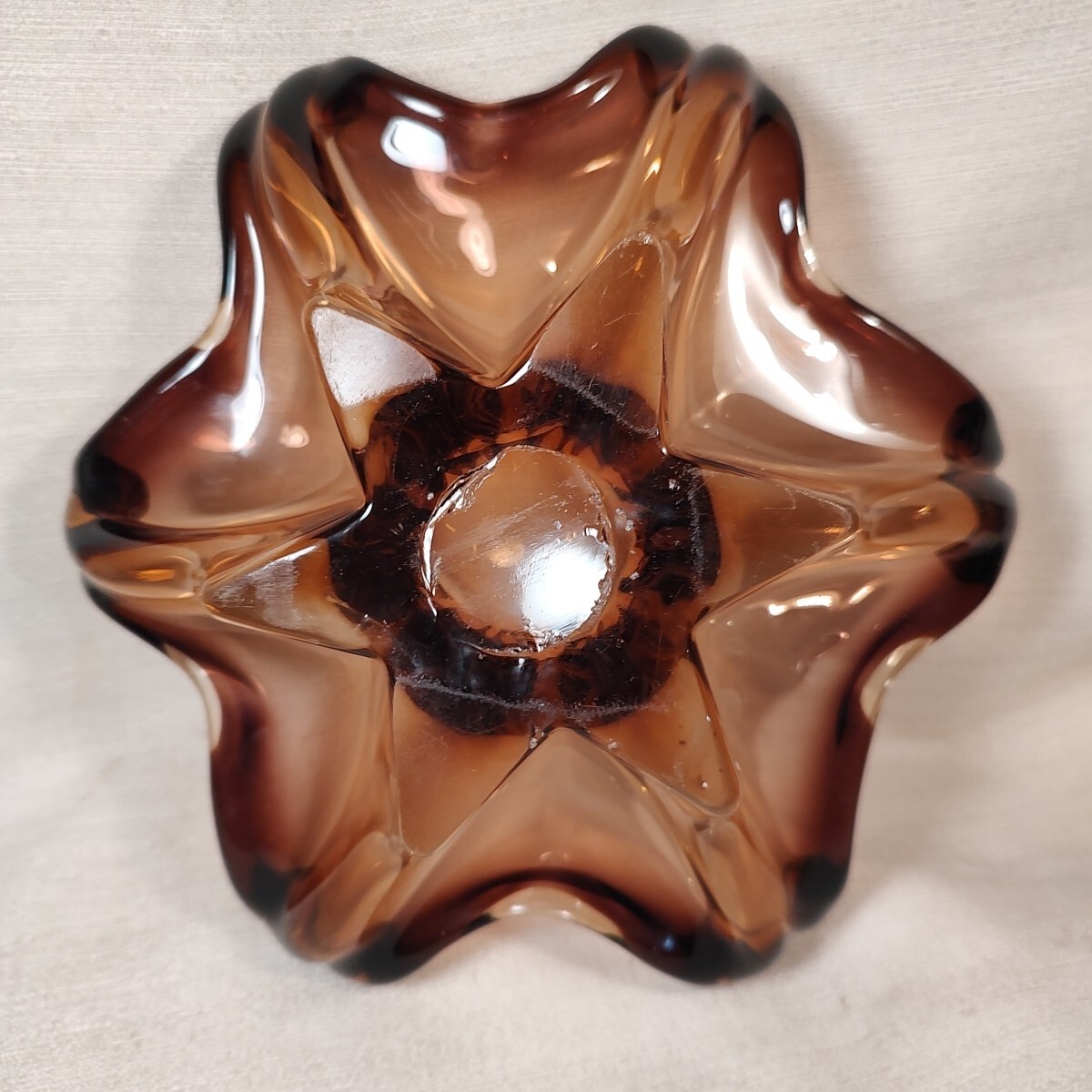 Vintage Swung Glass Amethyst Ashtray 6 Finger Trinket Dish Glows 1 Sm Burr As/Is