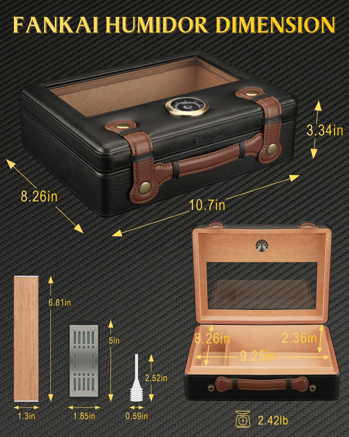 Cigar Humidor, Cigar Box with Hygrometer Humidifier and Divider, Glass Top Ce…