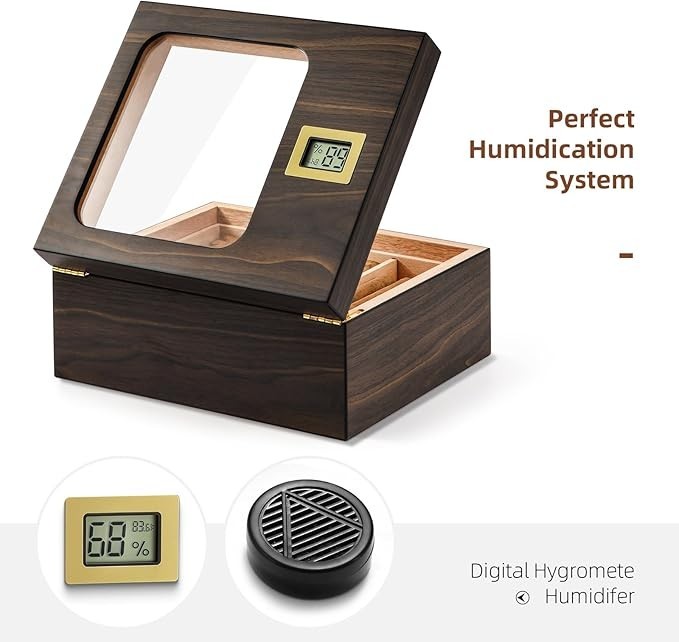 Modern Cigar Humidor Box Glass Top Digital Hygrometer Cedar Holds 25-50 Cigars