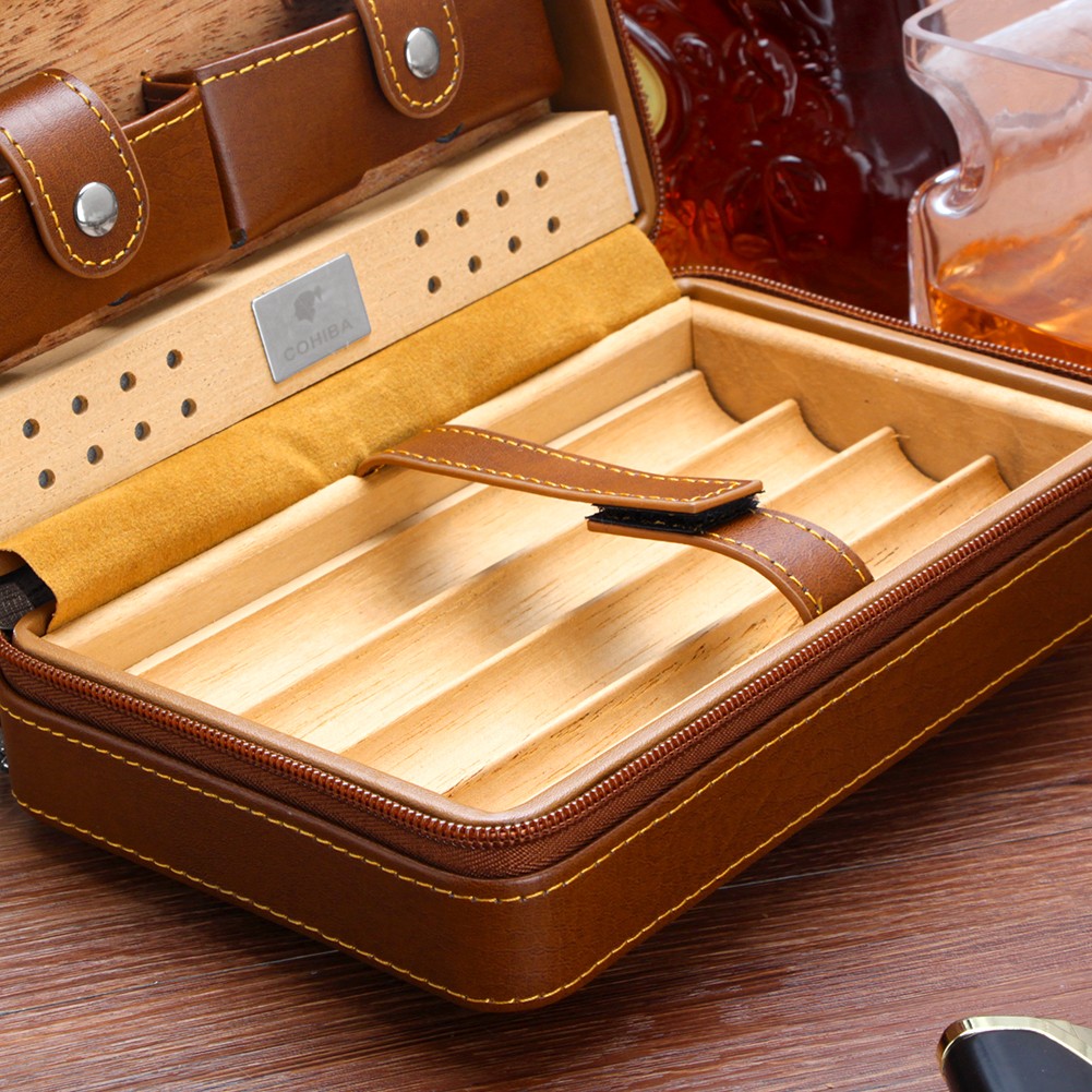Portable Cigar Humidor Brown Vintage Leather Cedar Wood Case 4 Cigars Ashtray