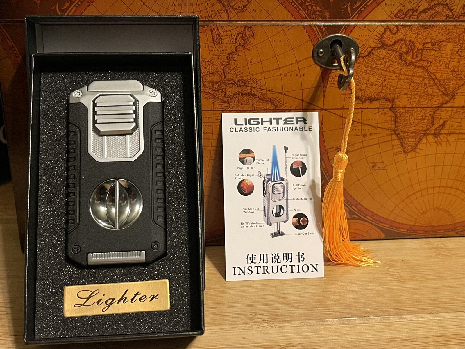 Cigar Lighter, Torch Lighter With V Cutter, Refillable Butane Black/Silver