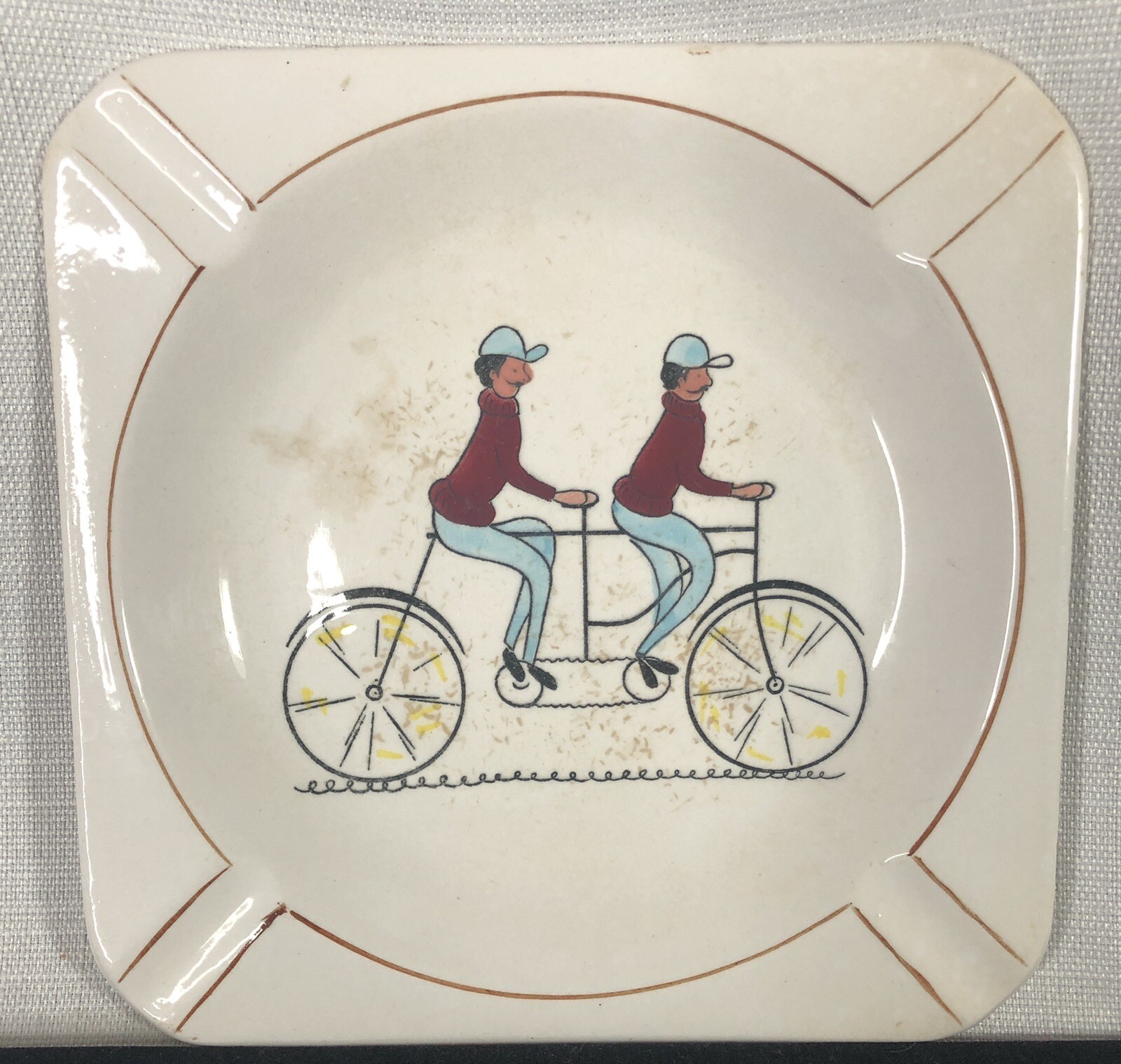 Ceramic Ashtray Gay Ninety’s Dandy Men on Tandem Bicycle Built for Two Worn