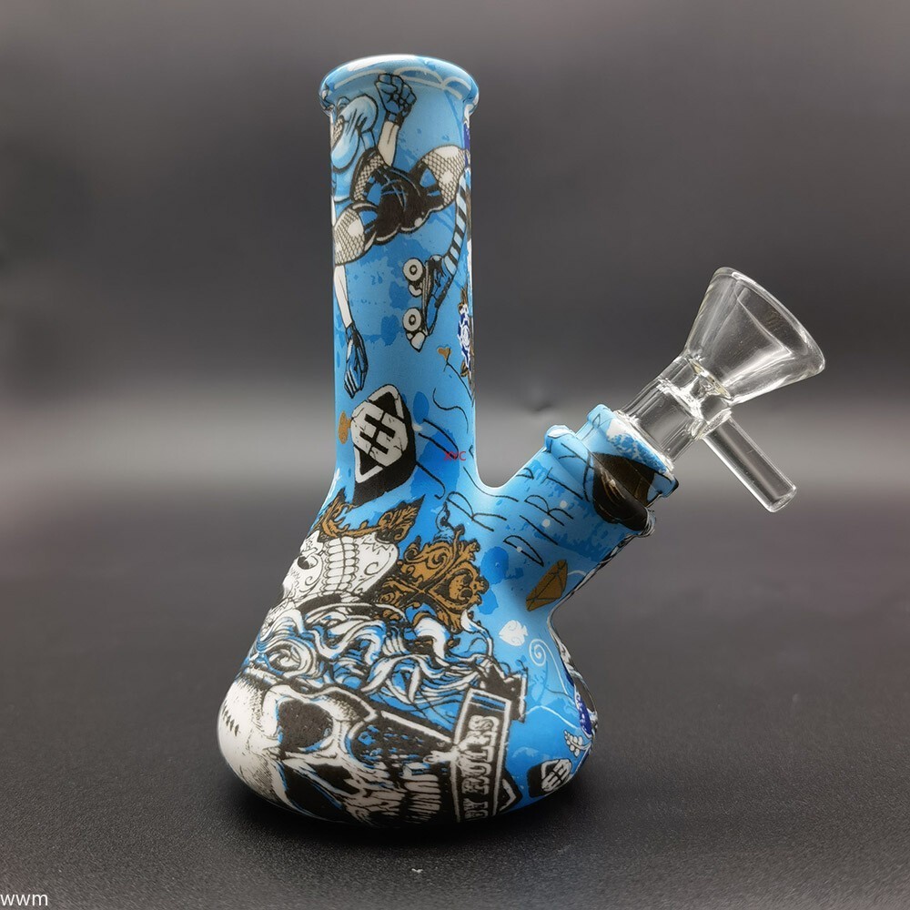 4.7 Inch Silicone Hookah Smoking Water Pipe Bule Printed Bong W/ 14mm Glass Bowl