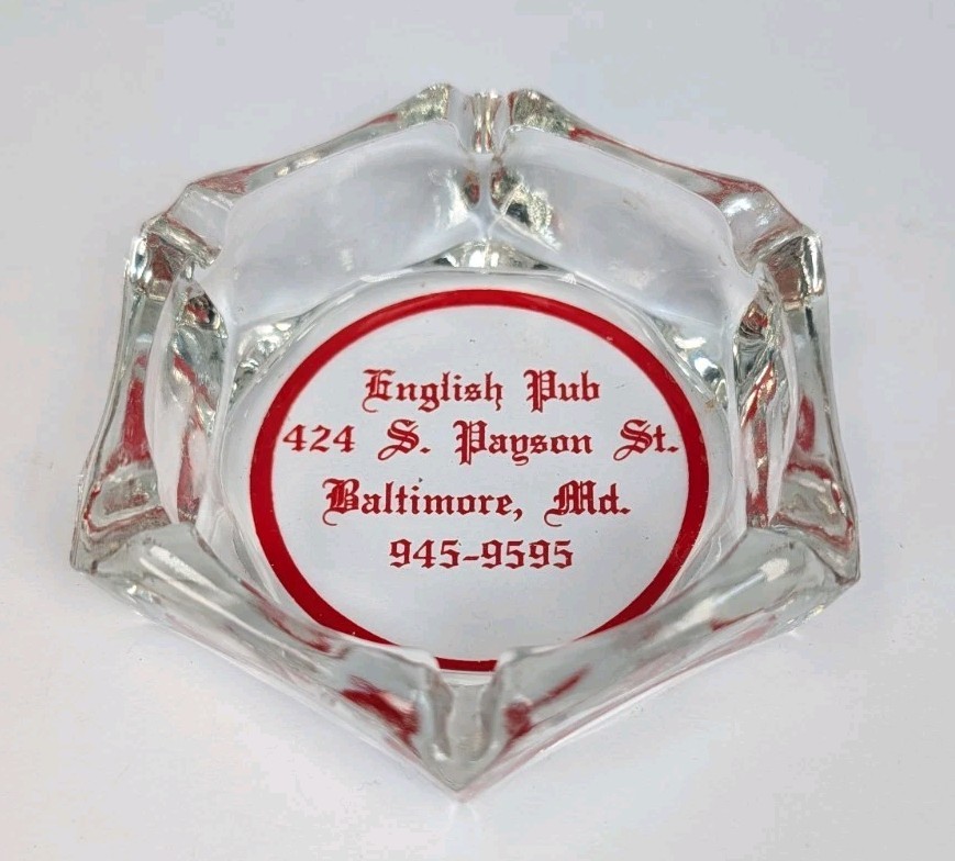 Vintage English Pub Baltimore Maryland Glass Ashtray Hexagon Shaped 4″