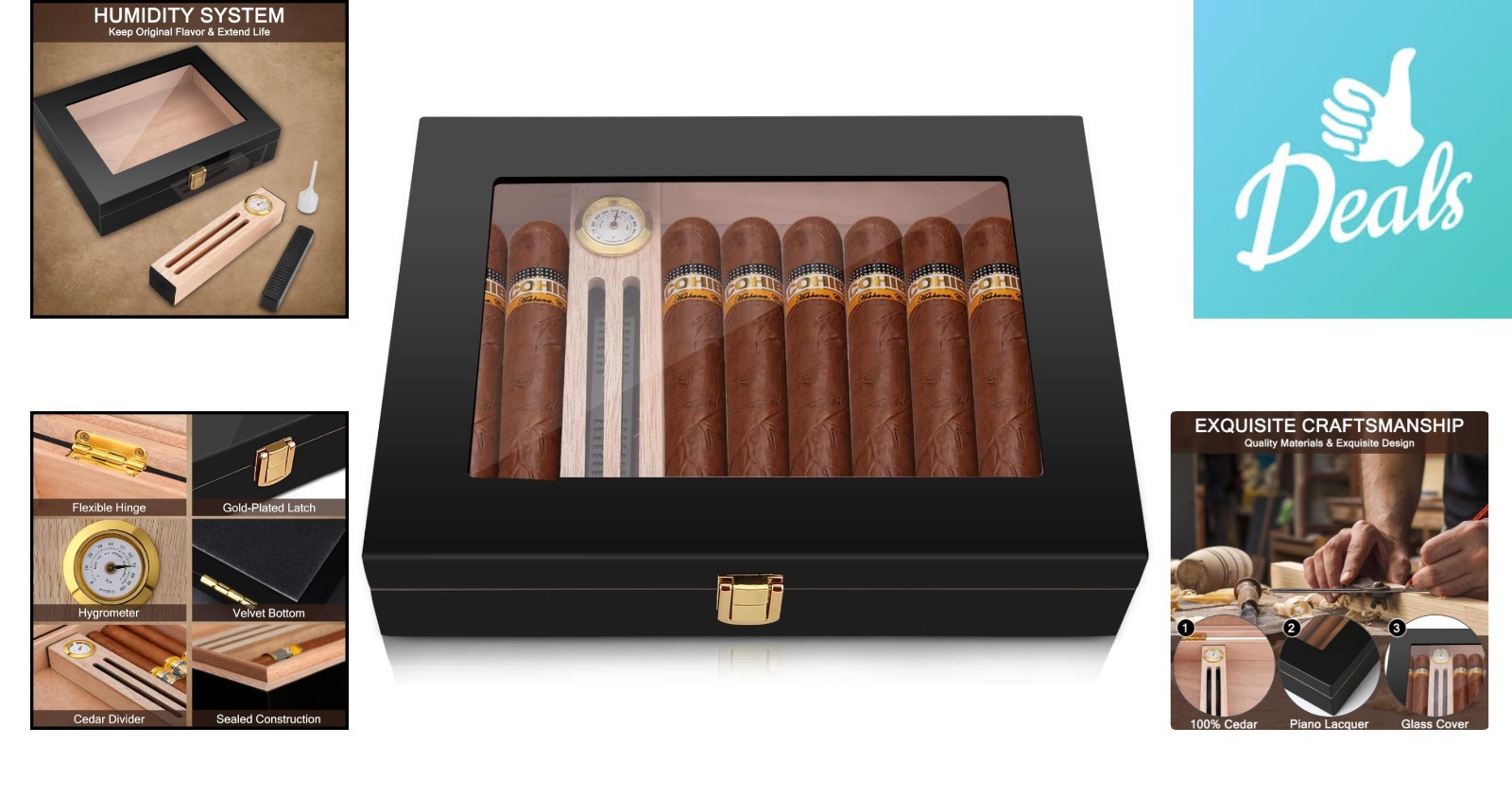 Cigar Humidor in High Gloss Black for 10-15 Cigars, Luxury Hygrometer Included