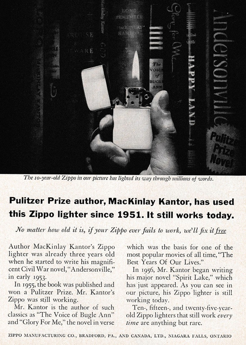 1961 Zippo: Pulitzer Prize Author MacKinlay Kantor Vintage Print Ad