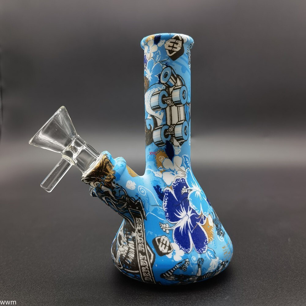 4.7 Inch Silicone Hookah Smoking Water Pipe Bule Printed Bong W/ 14mm Glass Bowl