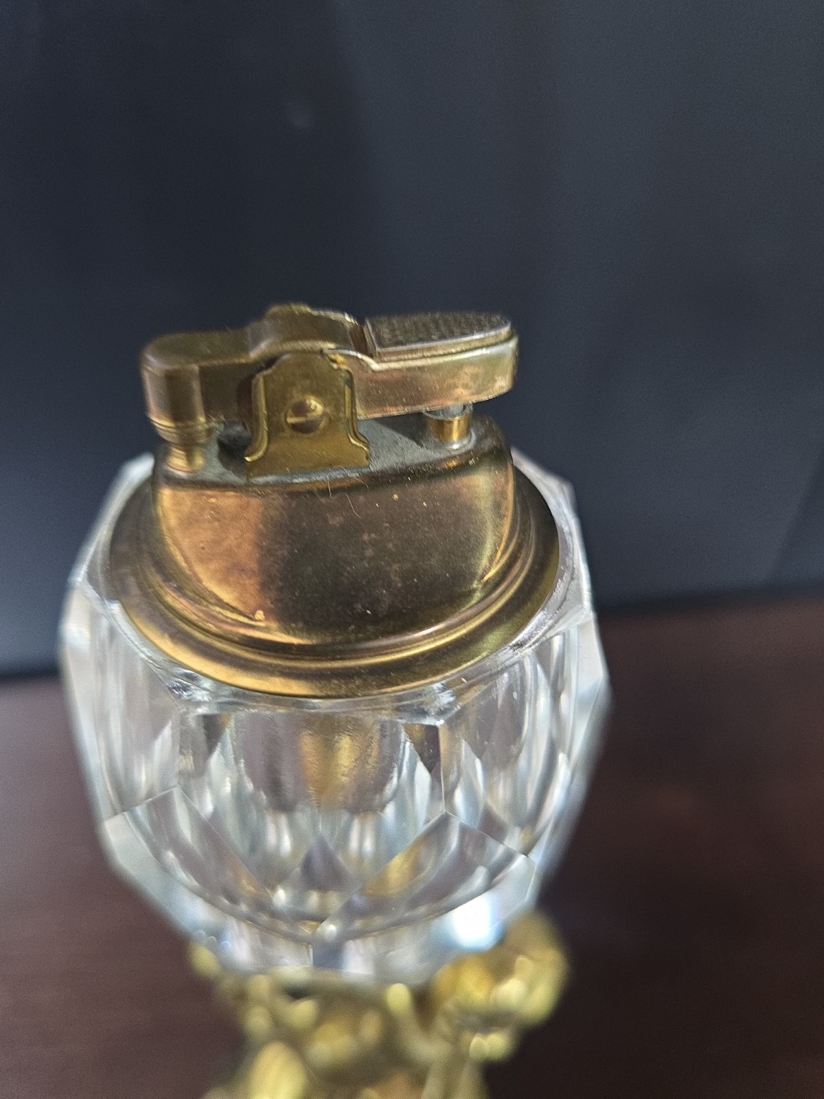 Vintage Figural Cherub Table Lighter Brass Tone Putti Faceted Glass Reservoir
