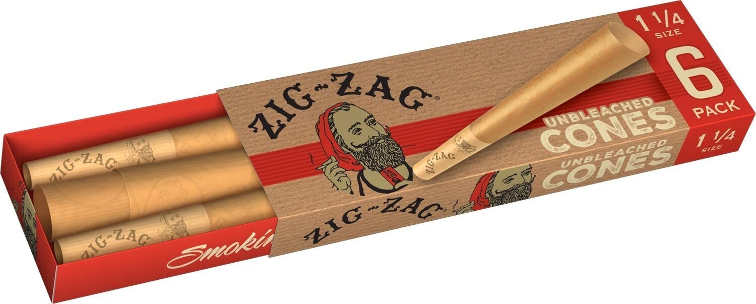 3 Pack- ZIG ZAG UNBLEACHED CONES 1 1/4 SIZE( 6 X3- 18 Total) for tobacco Use.