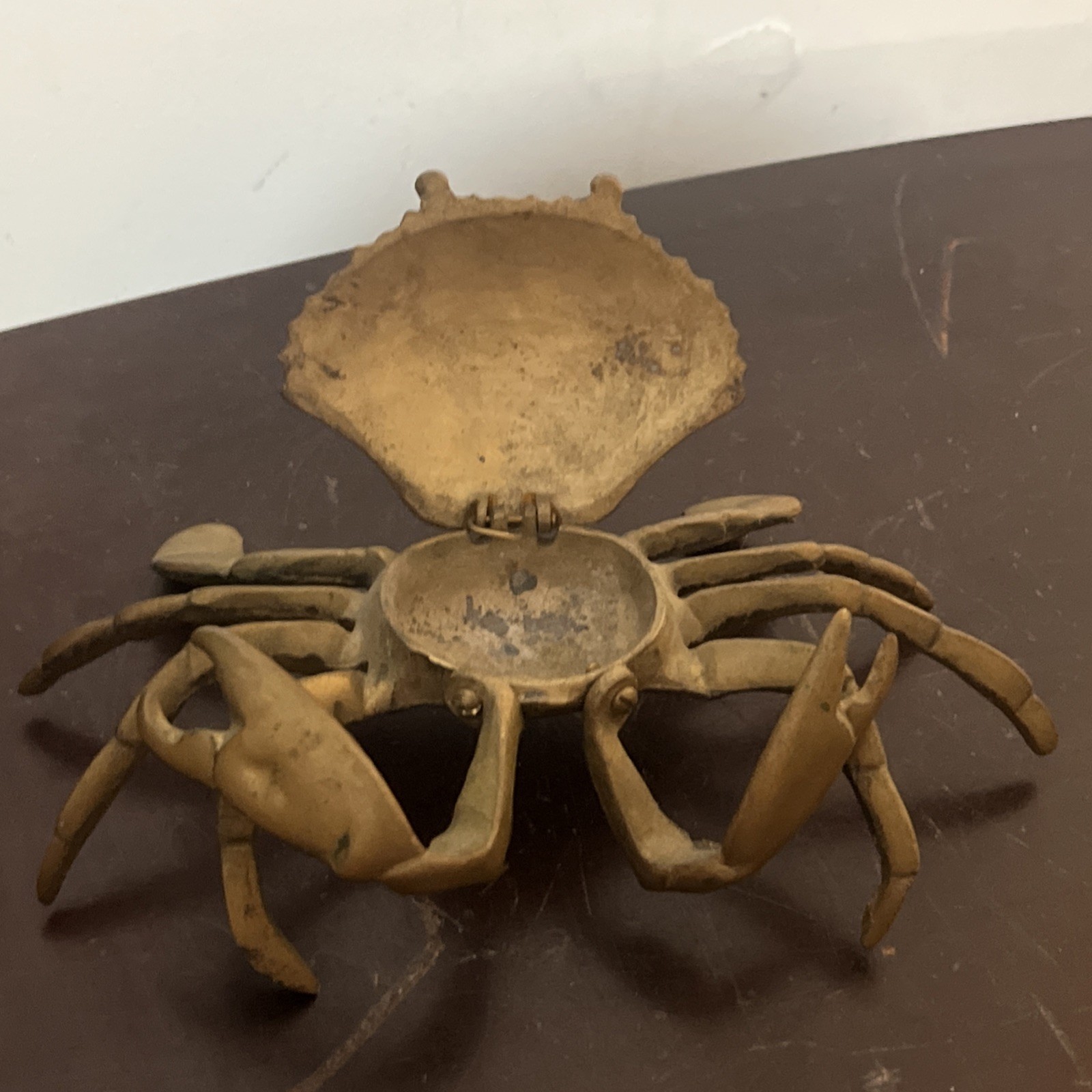 Vintage Hinged Brass Crab Lift Top Trinket Dish Cigarette Ashtray 7 “
