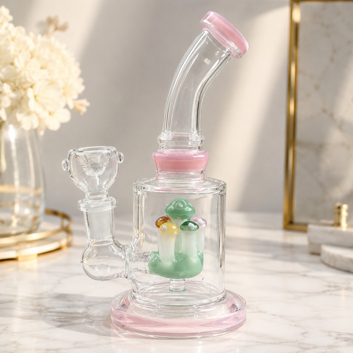 Pink Mushroom Garden Percolator Glass Bong – 7 Inch Water Pipe Gift For Her