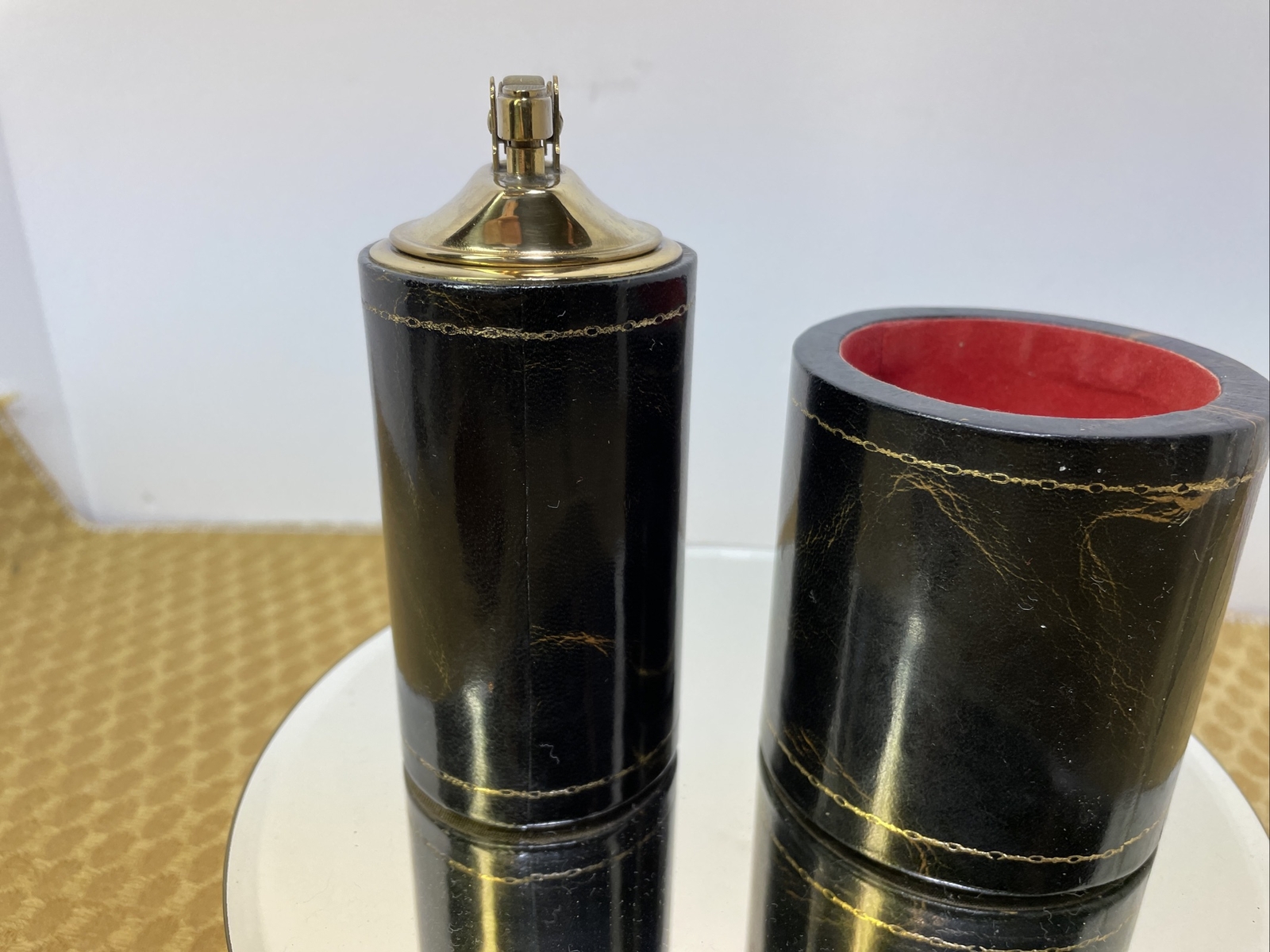Vtg. Spain Polished Lambskin Cigarette Lighter & Cup Holder Smoke Set Pioneer