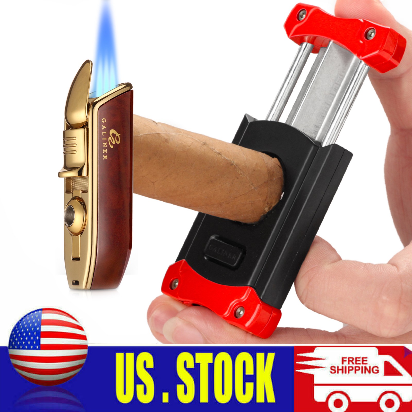 Brown Travel 3 Jet Flame Torch Cigar Lighter Punch and Metal Vcut Cigar Cutter