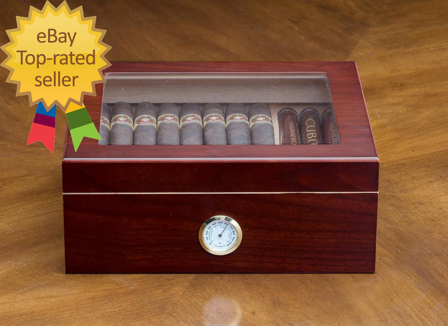 Chalet Glass Top Desktop Cigar Humidor with Hygrometer and Humidifier