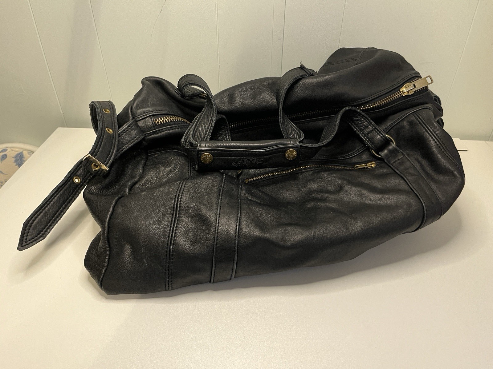 Vintage Camel Cigarette Black Leather Duffel Bag Adjustable Shoulder Strap
