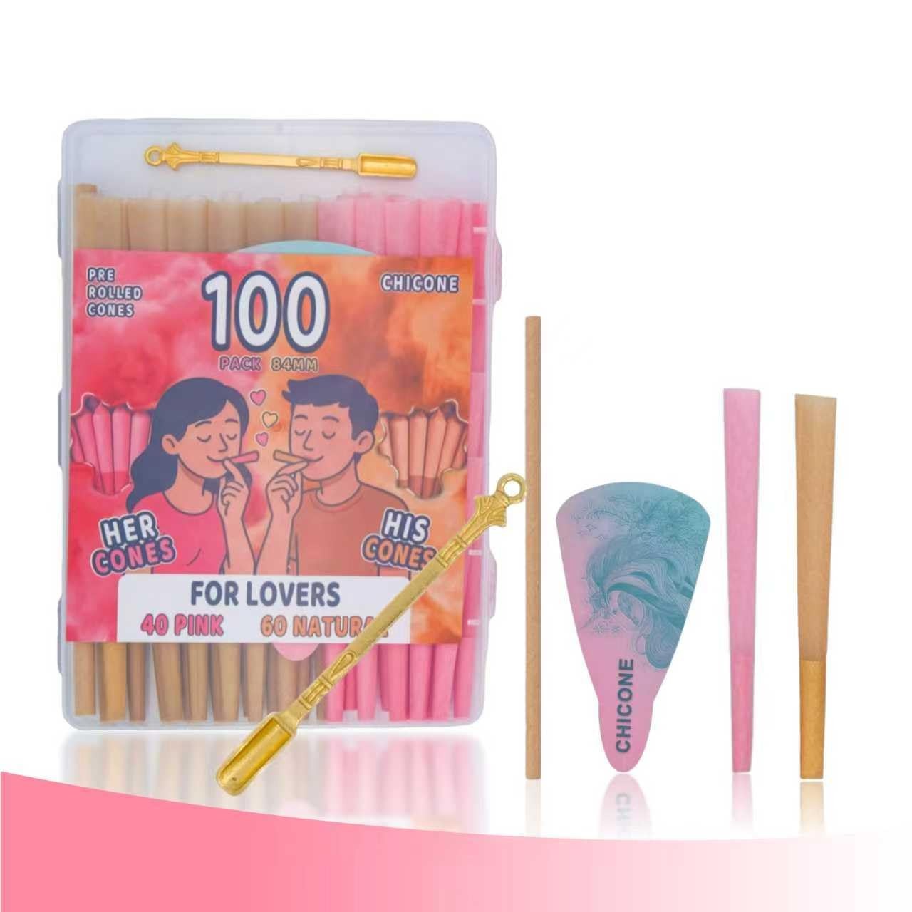 100 Cones Rolling Paper King Size 84mm Pre Rolled Slow-Burning | 40 Pink+60 Wood