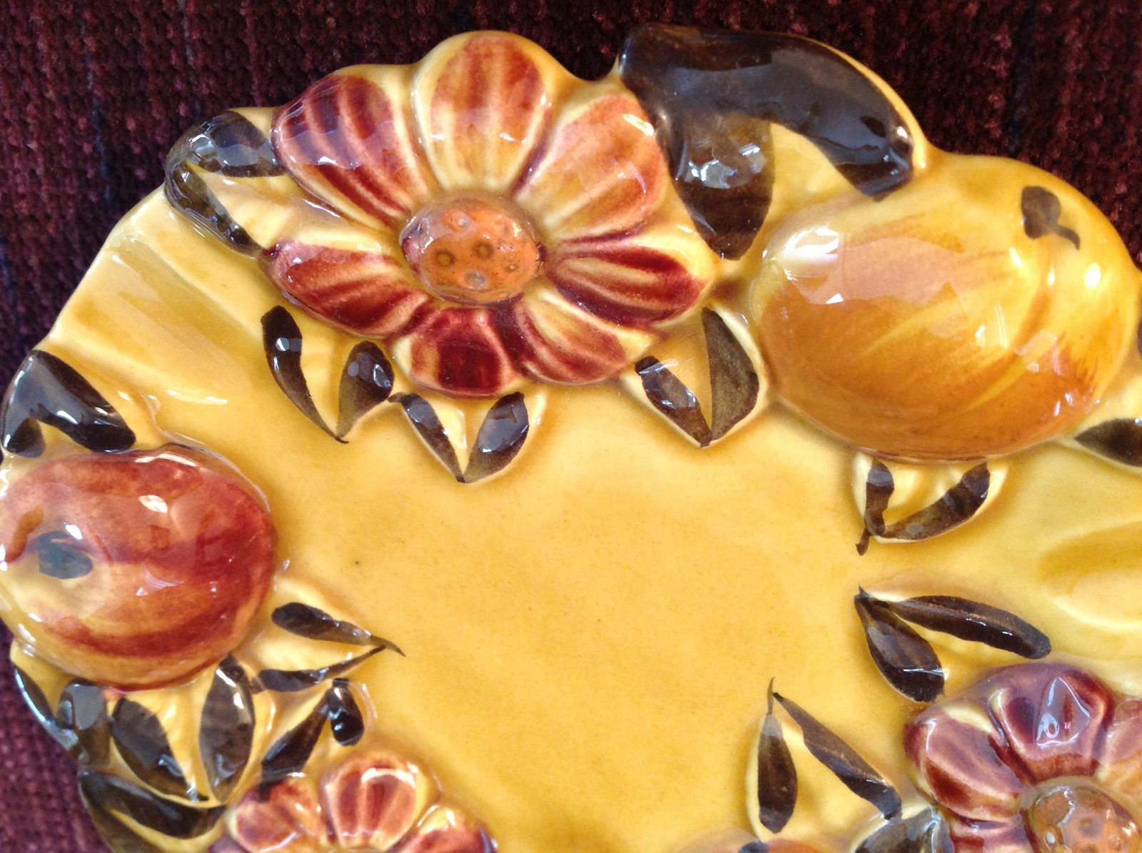 1970s Pottery Ashtray Fruit Flower Pattern Harvest Gold Pear Daisy Vintage
